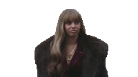 a woman in a fur coat is screaming with the words shame written in red