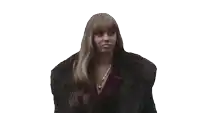 a woman in a fur coat is screaming with the words shame written in red