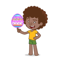 a boy in a yellow shirt is holding a colorful egg