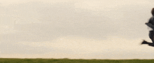 a man in a suit is running across a grassy hill .
