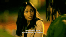 a woman talking to a man with the words we 're gonna focus and figure this out together
