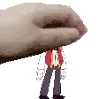 a pixel art drawing of a man standing under a large hand .
