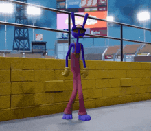 a purple cartoon character is standing in front of a wall