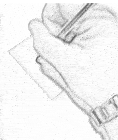 a black and white drawing of a person 's hand holding a pen and writing on a piece of paper .