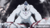 a white bear with a purple tie is standing next to a dead person with its mouth open .