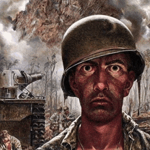 a painting of a soldier wearing a helmet and looking at the camera