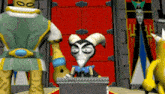 a cartoon character with horns sits at a podium in front of a red door