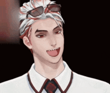 a man wearing sunglasses and a white shirt with a red tie is sticking his tongue out