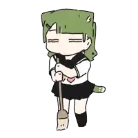 a girl with green hair is holding a broom in her hand