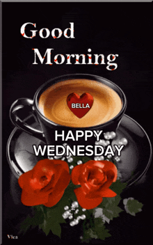 a cup of coffee with a heart on it and the words " good morning bella "