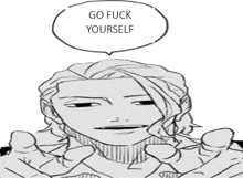 a black and white drawing of a person with a speech bubble that says go fuck yourself