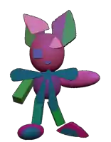 a 3d rendering of a colorful bunny with a blue bow around its neck