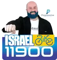a man with a blue beard is pointing at a sign that says israel 11950