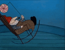 a cartoon gnome is sitting in a rocking chair holding a candy
