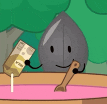 a cartoon character holding a spoon and a box of milk