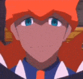 a close up of a cartoon character with blue eyes and red hair .