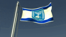 a blue and white flag with a menorah and the word israel on the bottom