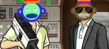 a man with a monkey mask on his head holds a camera next to another man in a suit