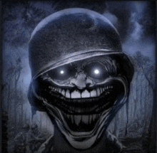 a black and white drawing of a soldier with glowing eyes and a big smile .