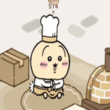 a cartoon character wearing a chef 's hat sits on a rug with the number 514 in the background