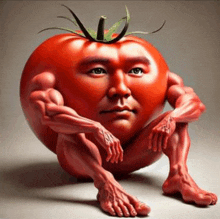 a tomato with a man 's face and muscles