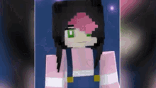 a girl with pink hair and green eyes is wearing overalls and a pink shirt .