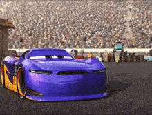 a purple race car from the movie cars is on a track