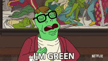 a cartoon character with glasses says i 'm green in front of a painting