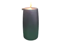 a black candle with a yellow flame is lit up on a white background