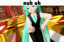 a picture of a girl in a suit and tie with the words nuh uh above her