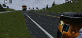 a car is driving down a road in a video game while a truck is driving behind it .