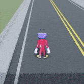 a cartoon character with a purple head is walking down a highway