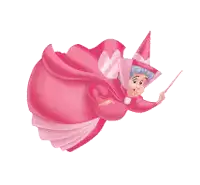 a fairy in a pink dress and hat is flying through the air