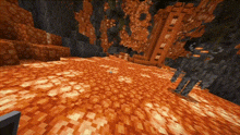 a screenshot of a video game in which a monster is standing in the middle of a lava field .