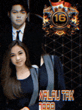 a man in a suit and tie is standing next to a woman in a black shirt with the words malau tak tara on the bottom