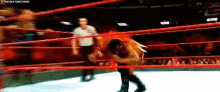a wrestler is standing in a wrestling ring with a referee .