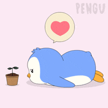 a penguin with a broken heart in a speech bubble is laying down next to a potted plant