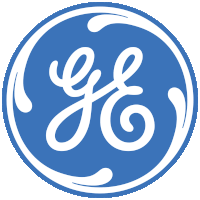 a blue and white ge logo with a swirl in the middle