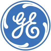 a blue and white ge logo with a swirl in the middle