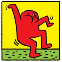 a cartoon of a red man dancing on a yellow and green background