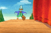 a cartoon of donald duck is standing on a wooden stage