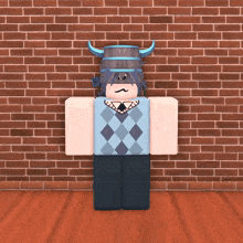 a cartoon character with horns and a mustache standing in front of a brick wall