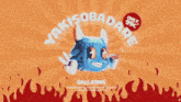 a poster that says " yakisoba dare " with a blue monster