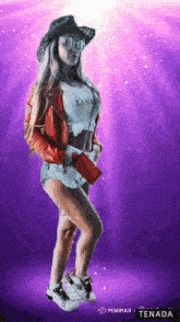 a woman wearing a cowboy hat and sunglasses holds a red purse