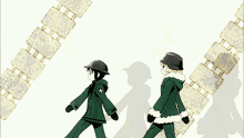 two anime characters are standing next to each other with their arms in the air