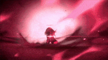 a girl in a red dress stands in a dark room