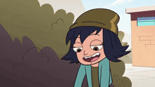 a cartoon character is wearing a beanie and making a face