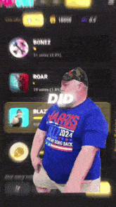 a man wearing a blue shirt that says ' 2024 ' on it