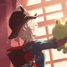 a cartoon character is holding a stuffed frog with a smiley face