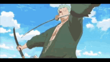 roronoa zoro is holding a sword in his mouth .
